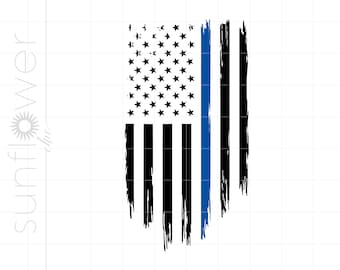 May include: A distressed American flag with a thin blue line running vertically down the center. The flag is black and white with a blue line.