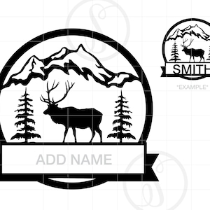 May include: Black and white silhouette of a mountain range with a deer standing in front of a pine tree. The image is in a circle with a banner at the bottom that says "ADD NAME".
