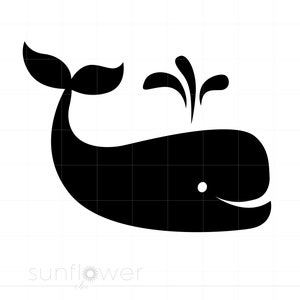 May include: Black silhouette of a whale with a spout of water above it. The whale is facing right and has a small eye.