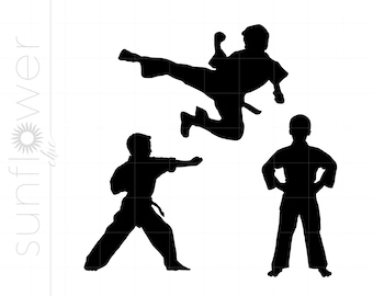 May include: Black silhouette graphic of three karate figures in action poses. One figure is mid-air, executing a flying kick. Another is in a fighting stance, and the third stands with hands on hips. The image is set against a white background.