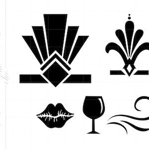 May include: A set of five black and white vector illustrations featuring a geometric design, a stylized flower, a pair of lips, a wine glass, and a stylized wind design.