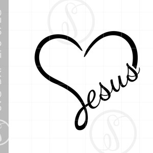 May include: Black and white graphic design of a heart with the word "Jesus" written inside.
