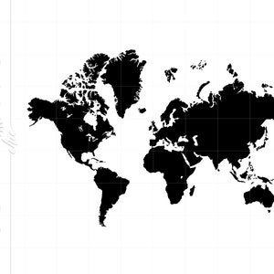 May include: A black and white world map illustration with a grid pattern in the background.