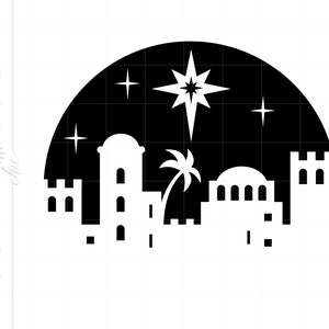 Puede incluir: Silueta en blanco y negro de una estrella con una sola punta, rodeada de tres estrellas más pequeñas, sobre una fila de edificios con una palmera frente al edificio central.