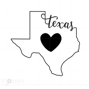 May include: Black and white outline of the state of Texas with a black heart in the center and the word "Texas" written in cursive above the heart.