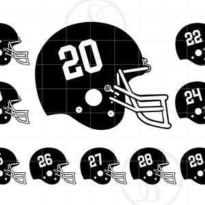 Capacete de futebol número 20-29 anos SVG silhueta clipart | Arquivo de corte do número 20-29 do futebol | Futebol Svg Jpg Dxf Pdf Png Download SC1639
