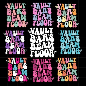 May include: Nine colourful graphic designs with the text "VAULT BARS BEAM FLOOR" in a retro font style. Each design features a different colour scheme.