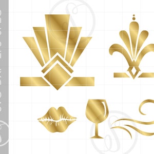 May include: A set of four gold-colored, geometric design elements. The elements include a stylized sunburst, a fleur-de-lis, a pair of lips, and a wine glass.