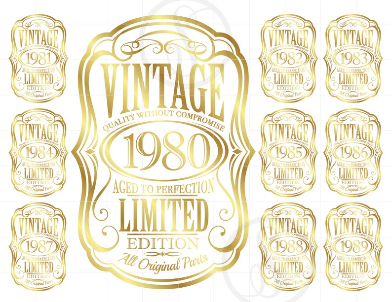 Op de afbeelding: Een set van tien gouden vintage-etiketten met de tekst "Vintage" en een jaar van 1981 tot en met 1989. Elk etiket bevat ook de tekst "Kwaliteit zonder compromissen", "Verouderd tot perfectie", "Beperkte oplage" en "Alle originele onderdelen".