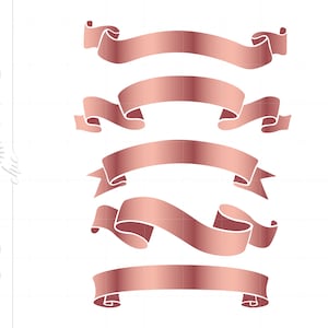 May include: Five rose gold ribbon banners with a gradient effect. The banners are arranged vertically, with the top banner being the widest and the bottom banner being the narrowest.