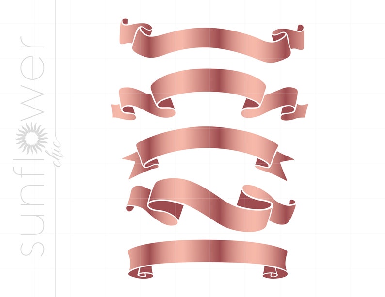 May include: Five rose gold ribbon banners with a gradient effect. The banners are arranged vertically, with the top banner being the widest and the bottom banner being the narrowest.