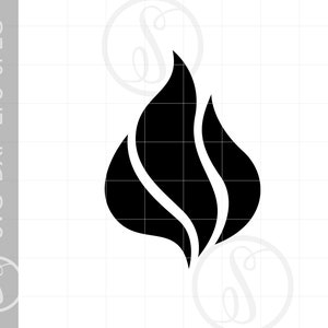 May include: A black and white stylized illustration of a flame with three points.