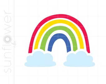 May include: A colorful rainbow with red, yellow, green, blue, and white clouds. The rainbow is drawn in a simple, childlike style.