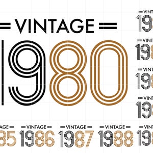 Peut inclure: Une conception graphique présentant les années 1980 à 1989 dans un style vintage avec des rayures noires et dorées. Le texte "=VINTAGE=" est au-dessus et en dessous des années.