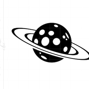 May include: A black and white illustration of a planet with rings. The planet has a series of white circular shapes on its surface. The rings are a lighter shade of white. The image is a graphic design.
