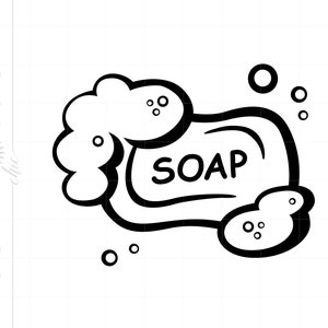 Puede incluir: Una ilustración de dibujos animados en blanco y negro de una barra de jabón con burbujas a su alrededor. El jabón tiene la palabra "SOAP" escrita en él.
