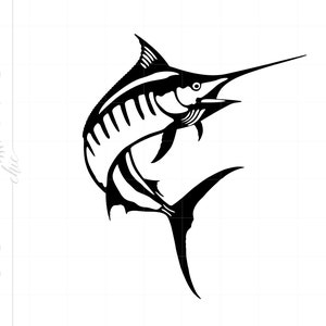 May include: Black and white silhouette of a marlin fish with a long, pointed bill and a dorsal fin. The fish is depicted in a leaping pose, with its tail raised high in the air.