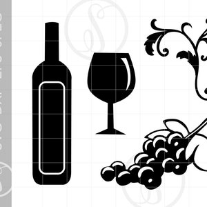 Wine SVG Downloads | Wine Clipart Download | Wine Bottle Silhouette Cut File | Wine Glass Svg Jpg Eps Pdf Png | Grapes Svg SC749