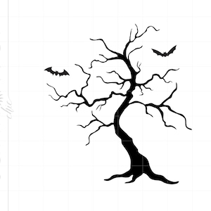 May include: Black silhouette of a bare tree with three bats flying around it.