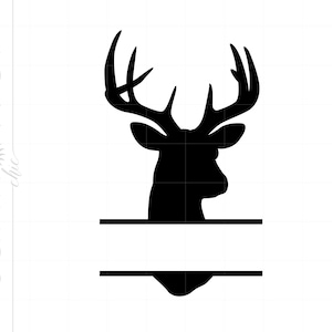 May include: Black silhouette of a deer head with antlers, with a blank space below for a name or text.