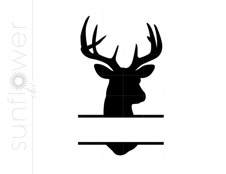 May include: Black silhouette of a deer head with antlers, with a blank space below for a name or text.