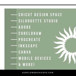 Puede incluir: Un fondo verde con un gr&aacute;fico de sol blanco. El texto en el lado izquierdo dice "COMPATIBILIDAD". El texto en el lado derecho enumera los programas de software de dise&ntilde;o compatibles con el producto, incluidos Cricut Design Space, Silhouette Studio, Adobe, CorelDraw, Procreate, Inkscape, Canva, dispositivos m&oacute;viles y m&aacute;s.