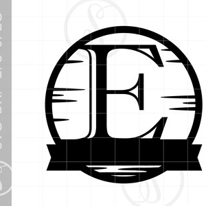 May include: Black and white monogram design featuring the letter "E" in a circular frame with a woodgrain pattern. The letter is in a bold, serif font. A black banner with a straight edge is below the circle.