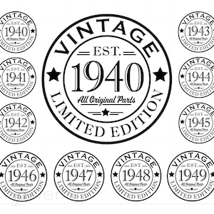 Vintage 1940 SVG Bundle, 1940-49 SVG-Downloads, Alle Originalteile Schnittdatei Cricut Silhouette, 1940 Geburtstagsgeschenk T-Shirt Design SC3807