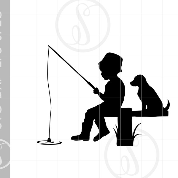 Boy and Dog Fishing SVG Clipart | Boy and Dog Fishing Silhouette Cut File | Vector Boy Fisherman Svg Jpg Eps Pdf Png Dxf Downloads SC1492