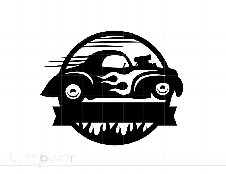 May include: Black and white silhouette of a hot rod car with flames coming out of the back, inside a circle with a banner below.