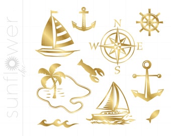 May include: A set of gold nautical themed clip art images. The images include a sailboat, an anchor, a compass, a palm tree on an island, a lobster, a steering wheel, and waves.