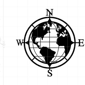 May include: Black and white compass with a globe in the center. The compass points north, south, east, and west.
