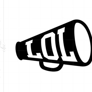 May include: Black and white illustration of a megaphone with the word "LOL" written in white letters.