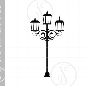 May include: Black silhouette of a street lamp with three lights. The lamp has a decorative design with scrolls and curves.