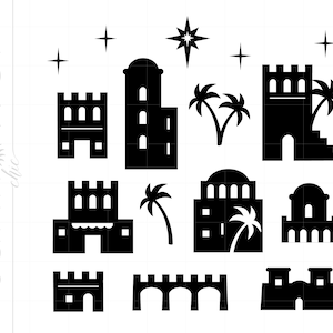 May include: Black and white silhouette illustration of a nativity scene with a star, palm trees, and buildings.