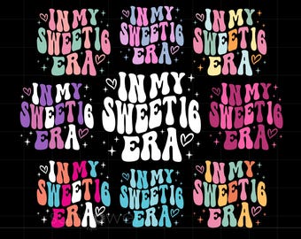 Pode incluir: Uma coleção de designs gráficos coloridos com o texto "IN MY SWEET 16 ERA" em uma fonte retrô. Os designs apresentam vários esquemas de cores, corações e estrelas, perfeitos para festas de aniversário.