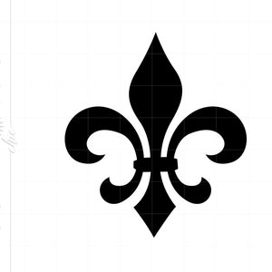 May include: A black and white stylized illustration of a fleur-de-lis, a traditional symbol of royalty and heraldry.