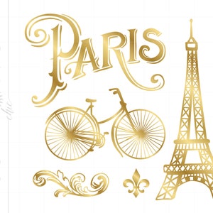 Gold PARIS Svg Cut File Clipart Downloads | Gold Parisian Svg Dxf Pdf Cricut Silhouette | Eiffel Tower Svg Clipart Bicycle Svg SC30