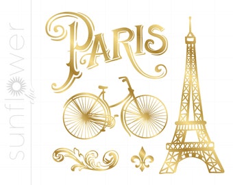 Gold PARIS Svg Cut File Clipart Downloads | Gold Parisian Svg Dxf Pdf Cricut Silhouette | Eiffel Tower Svg Clipart Bicycle Svg SC30
