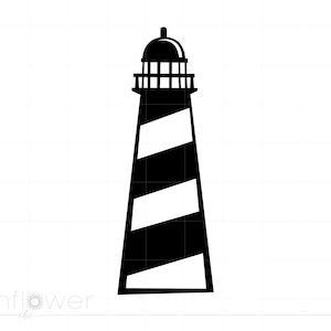 May include: Black and white silhouette of a lighthouse with a striped tower and a domed roof.
