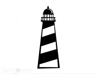 Puede incluir: Silueta en blanco y negro de un faro con una torre rayada y un techo abovedado.