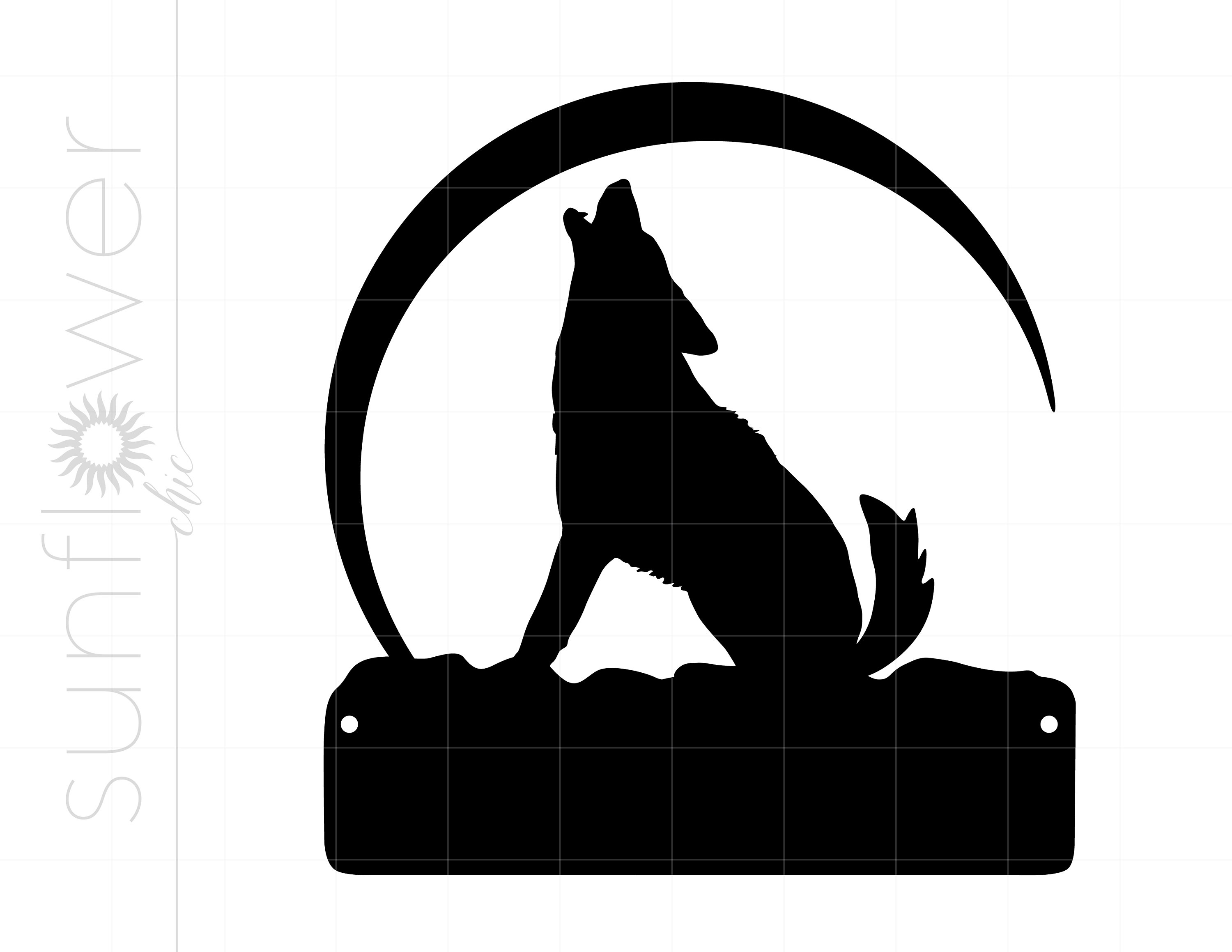 May include: Black silhouette of a wolf howling at the moon. The wolf is standing on a base with a rectangular sign below it.