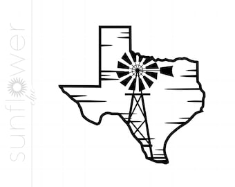 May include: Black and white silhouette of the state of Texas with a windmill inside the state outline.
