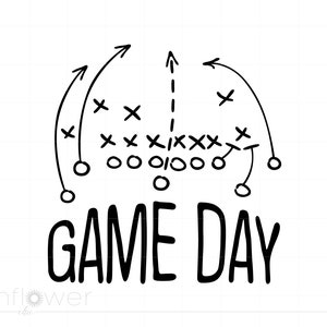 May include: Black and white illustration of a football play diagram with the text "GAME DAY".