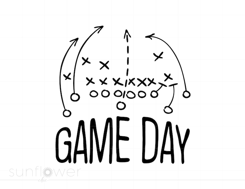 Puede incluir: Ilustraci&oacute;n en blanco y negro de un diagrama de juego de f&uacute;tbol americano con el texto "GAME DAY".