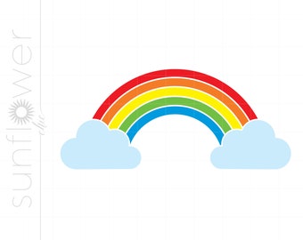 May include: A colorful rainbow with red, orange, yellow, green, blue, and purple stripes. The rainbow is arched over two white clouds against a white background.