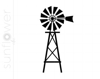 Molino de viento SVG / Molino de viento Clipart / Molino de viento Silueta Archivo de corte / Molino de viento Vector Svg Jpg Eps Pdf Png Dxf Descargar SC1142