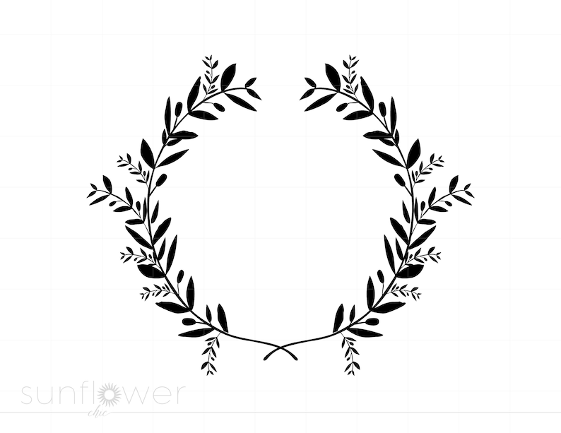 Op de afbeelding: Zwart-witte silhouet van een krans gemaakt van bladerrijke takken. De krans is rond en heeft een eenvoudig ontwerp.