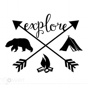 May include: Black and white graphic design with the word "explore" in a stylized font. The design features two crossed arrows, a bear, a tent, and a campfire.