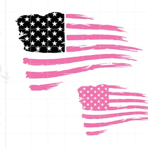 May include: Two distressed American flag designs in pink and black. The top flag is larger and has a more pronounced distressed look. The bottom flag is smaller and has a more subtle distressed look.